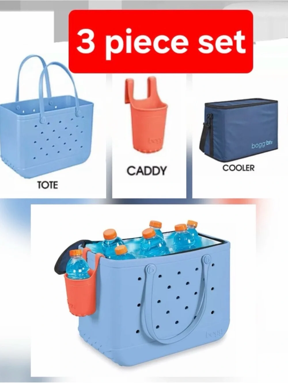 BOGG BAG Light Blue Tote with Coral Caddy and Navy Cooler - 3 Piece Set